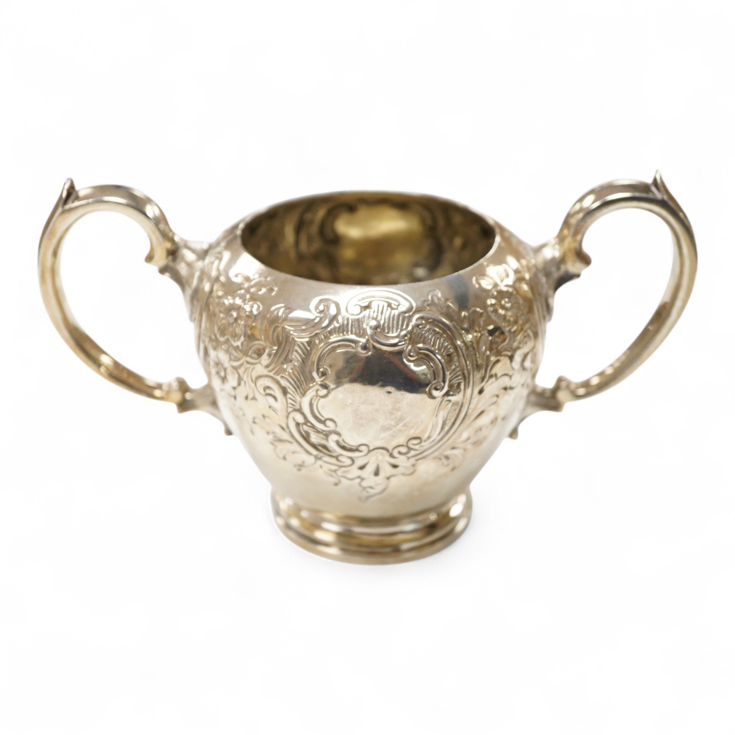 A Victorian silver two handled sugar bowl, by Walter Morrise, London, 1845, width over handles, 17.5cm, 7oz.
